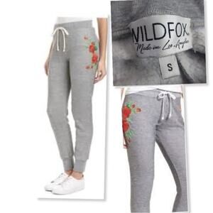 New Wildfox Couture Rose Gray Heather Embroidered Fleece Jogger Sweatpants Sz S